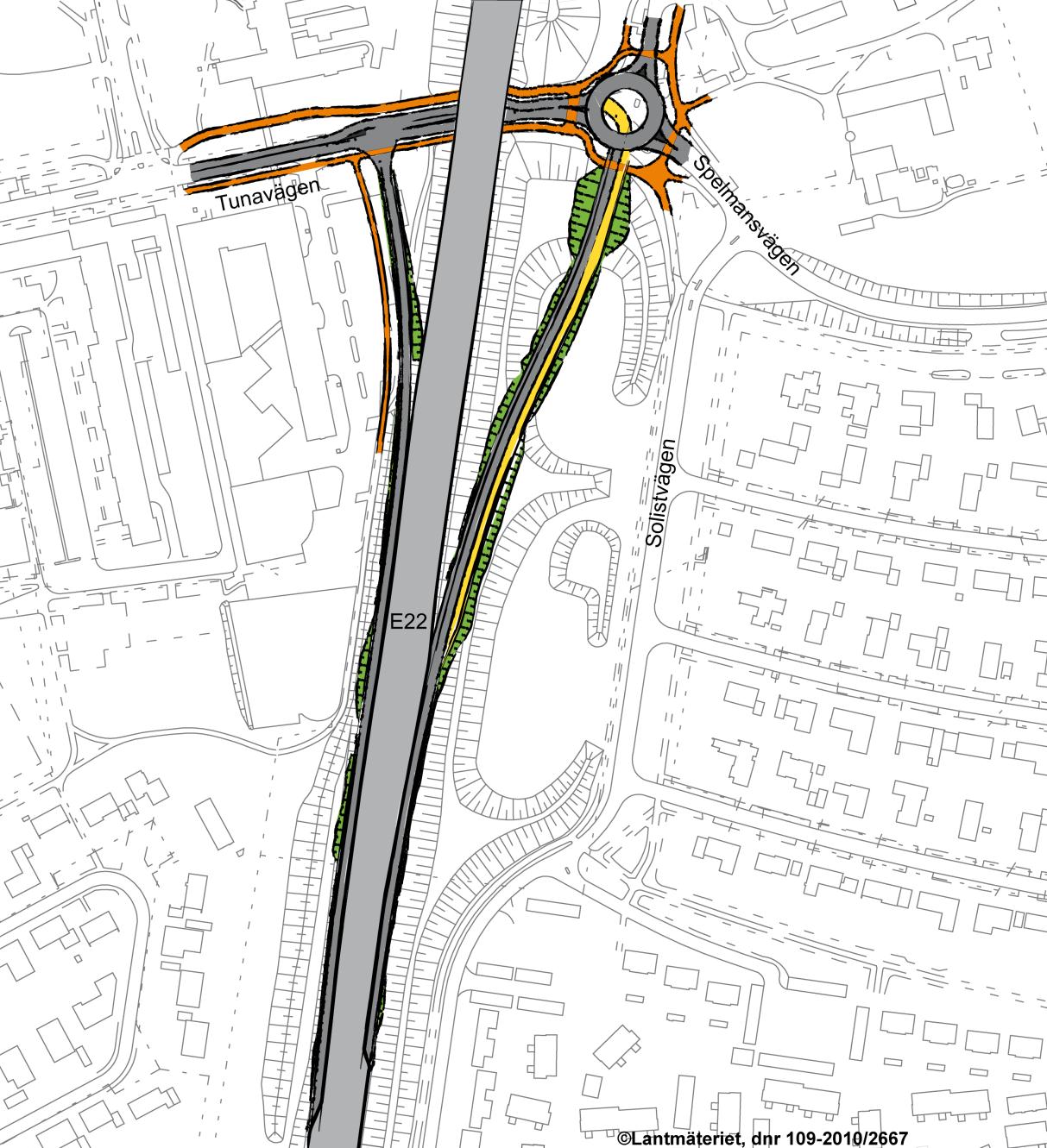 utformning kan innebära att intrång undviks på de byggnader som ligger strax väster om E22 i läget för trafikplatsen.