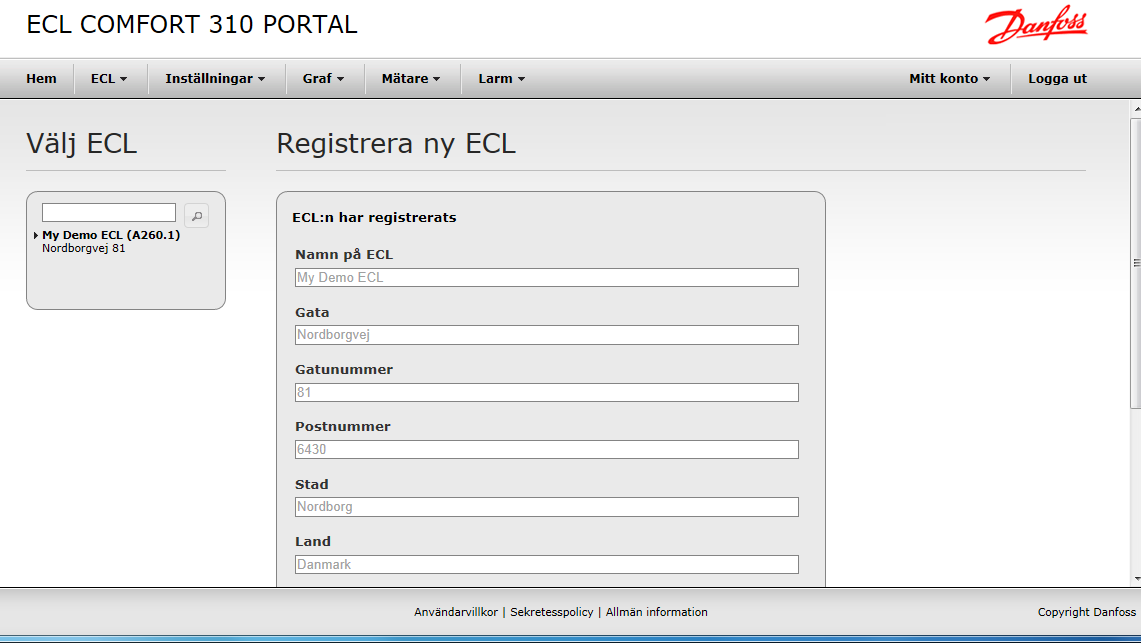 ECL Portal konfigurerar sitt användargränssnitt automatiskt mot bakgrund av den tillämpning som är installerad i ECL Comfort 310. I det här exemplet är tillämpningsnyckeln A260.1 installerad.