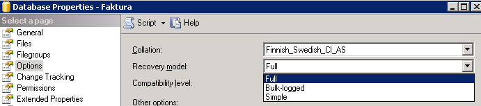 Backup förberedelse När du skapar din databas kan du välja vilken Recovery model som ska användas. Du kan också byta senare genom att högerklicka på din databas. Välj Properties och fliken Options.