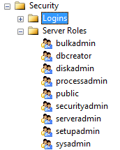 Roller Server, statiska Roll bulkadmin dbcreator diskadmin processadmin securityadmin serveradmin setupadmin sysadmin Får utföra Får köra BULK INSERT kommando Create, Alter, Drop och Restore