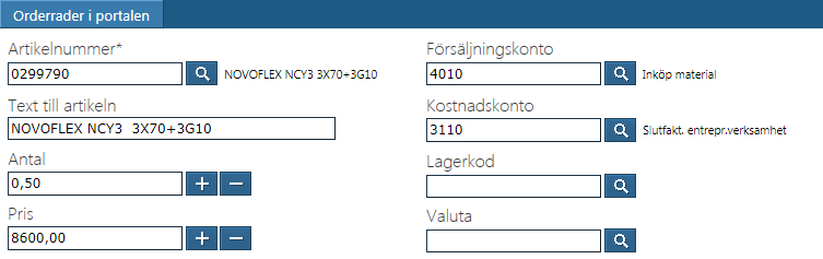 Registrering av artiklar på order För att registrera artiklar på ordern så trycker du på symbolen rader/artiklar öppnas.