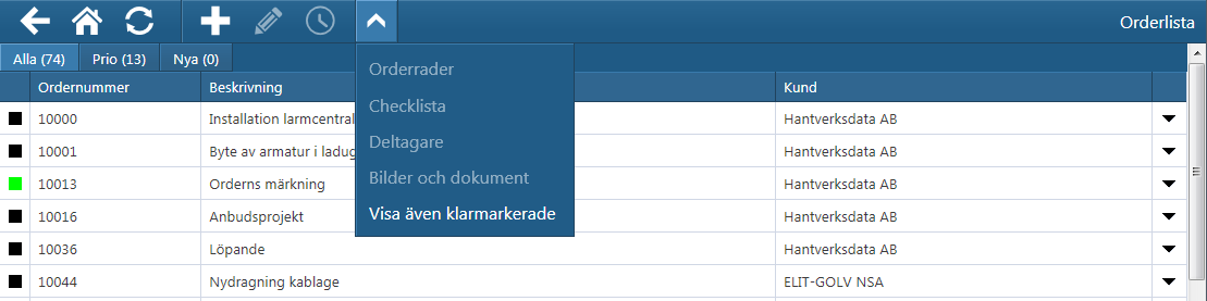 Öppna order Under fliken Öppna i orderlistan visas alla de order som inte tilldelats någon ansvarig. Dessa order är möjliga för vem som helst att ta och därmed sätta sig själv som huvudansvarig.