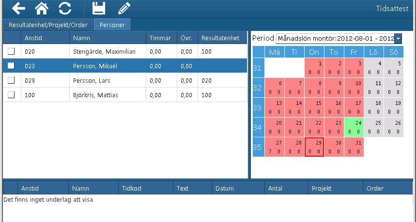 Attestering på Person I fliken Personer visas de personer som man har attestansvar för.