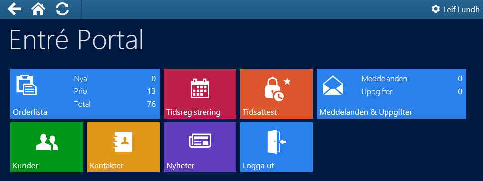 Huvudmenyn i Entré Portal När inloggningen är klar visas Entré Portal huvudmeny. Högst upp visas några grundikoner, vem som är inloggad samt vilket företag som avses.