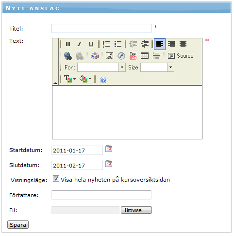 10. Kursadministration Menyn Kursadministration är som standard bara tillgänglig för utbildare och administratörer. Här finns funktionalitet för bland annat inlämningsuppgifter och grupper. 10.1. Anslagstavla Här kan du skapa anslag som visas i Kursöversikten, dvs.