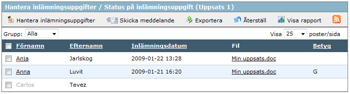 De kursdeltagare som ännu inte lämnat in är gråmarkerade. Du kan skicka en påminnelse till de som inte lämnat in genom att markera dem i listan och klicka på Skicka meddelande i verktygsfältet.