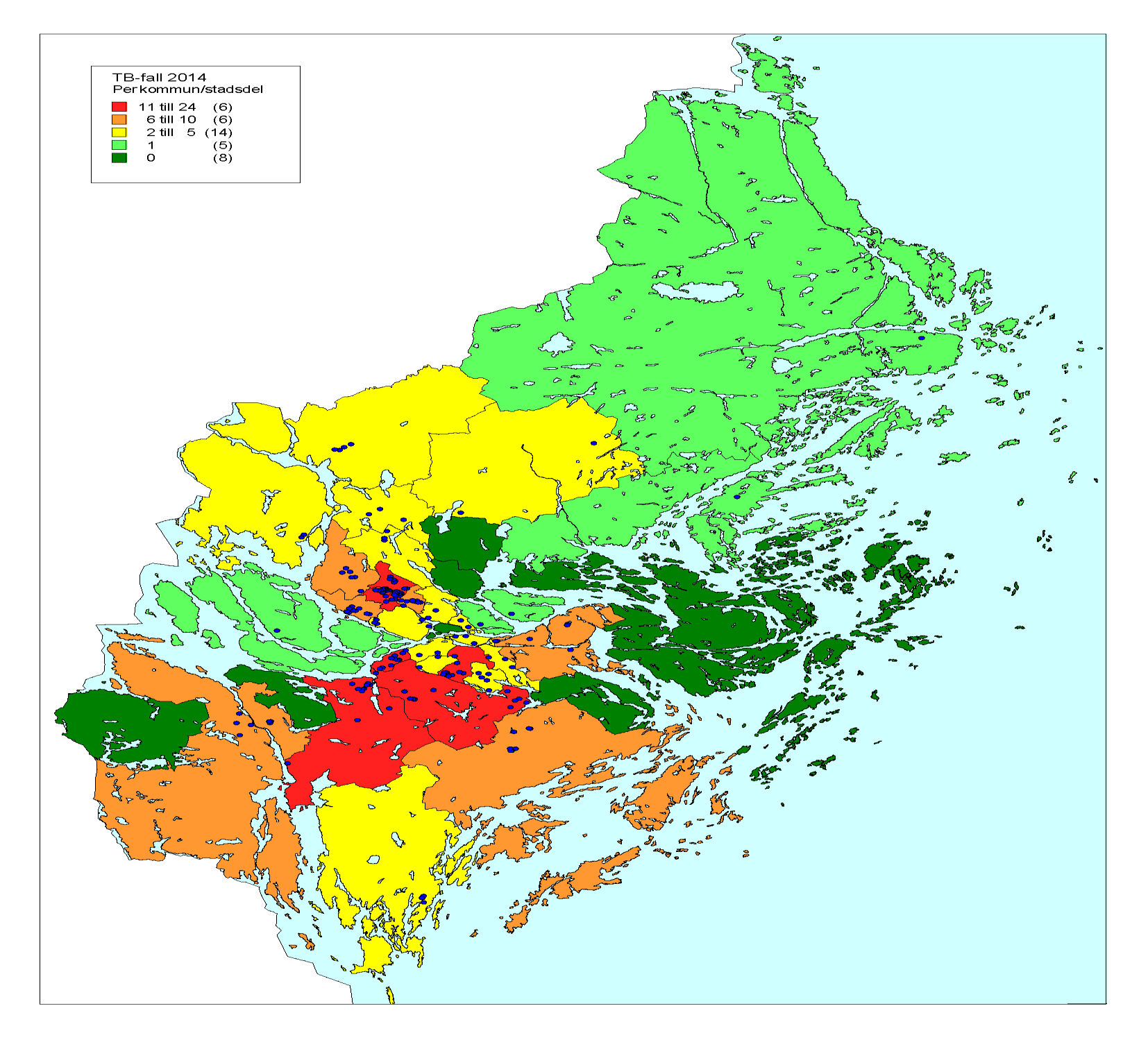 Kommuner / Stadsdel med högst prevalens av tuberkulos 2014 (röda)