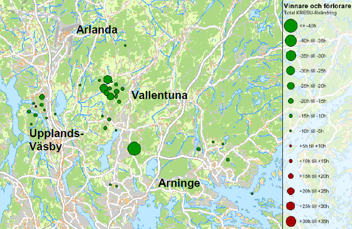 Antal resenärer 84/126 Figur 36 Sammanlagd restidsförändring baserad på upplevd (viktad) restid för både startoch målområden viktad med antalet arbetsresenärer.