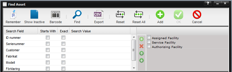 Menyn Assets: Här kan du söka efter en specifik tillgång/tillgångar. t.ex. Snr, Fabrikat, Modell, Typ mm.