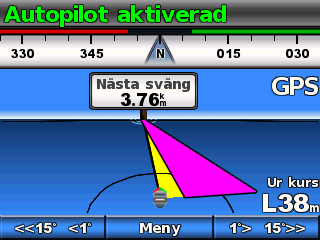 Kryssning och gippning från den fasta vindvinkeln 1. Aktivera den fasta vindvinkeln (sidan 13). 2. Välj Meny > Kryssa/gippa. 3. Tryck på Kryssa eller gippa.