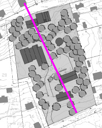 Garage ska placeras minst 6 meter från tomtgräns mot gata, garage som inte sammanbyggs ska placeras minst 1,5 meter från övrig tomtgräns Sektion genom Hagagatan och planområdet Planerad och befintlig