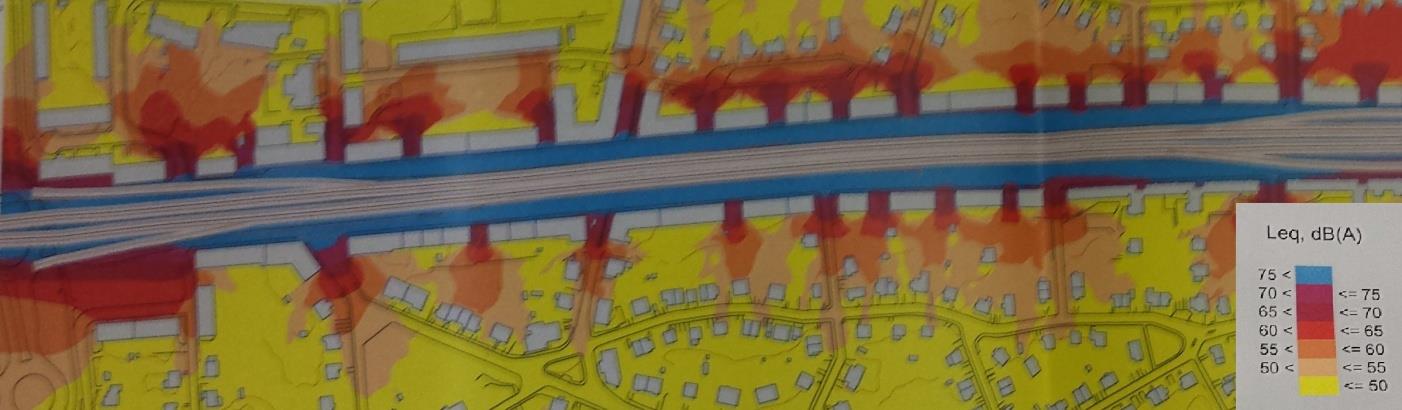 Figur 20. Bullerkarta för gamla Enskede som redovisar decibelnivåerna 1,5 meter över mark (Trafikkontoret, Arkiv C) 4.