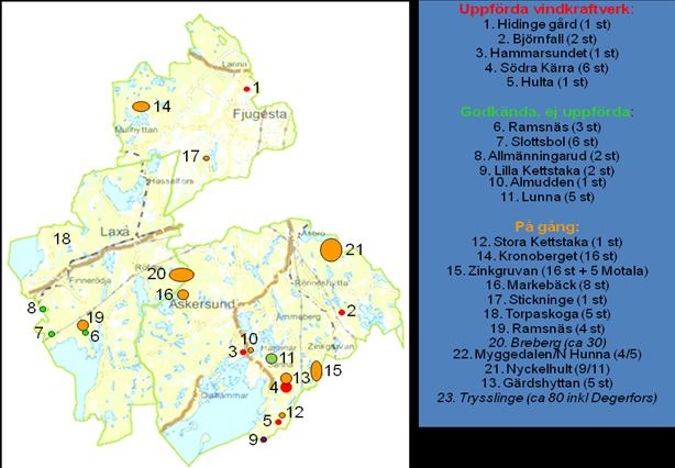 Antal vindkraftverk och bedömd årsproduktion (GWh/år, Örebro län). Källa: www.vindlov.