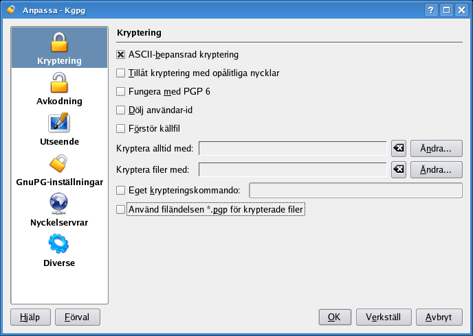 3.7.1 Kryptering Här kan du ställa in särskilda alternativ som ska skickas till GnuPG för att ändra krypteringsbeteendet. Ta en titt i GnuPG-manualen för en detaljerad beskrivning.