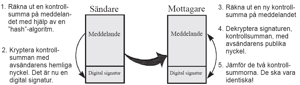 Digitala signaturer Principen är grovt att om ett känt värde hashas och krypteras av avsändaren (M,