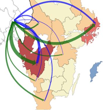 Flow Map Migration From origin (focus) Oslo to Sweden Weighted arrows displayed as quadratic Bezier curves - can also