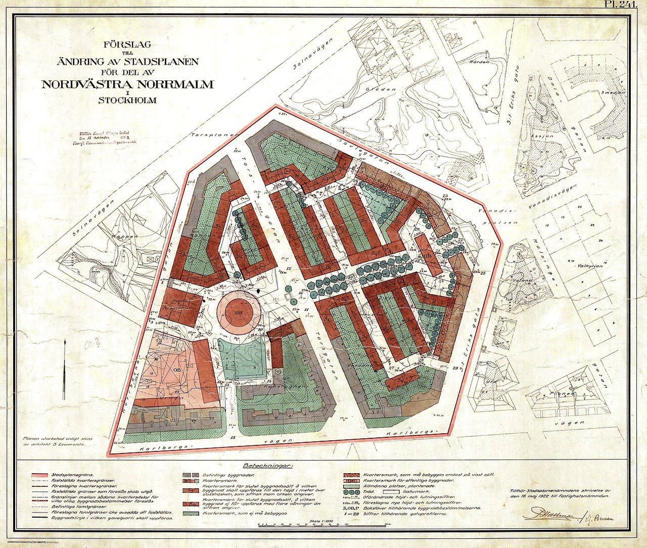 1907 års stadsplanelag Byggnadsstadgan fortsatte att gälla, men kommunerna fick både rätt och skyldighet att lösa in mark som skulle användas till gatumark och mark för allmänna platser.