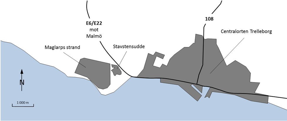 Figur 4 Stavstensudde och Maglarps strand 4 i förhållande till större vägar och övrig bebyggelse i centralorten. Det fanns inte heller någon stadsbusstrafik mellan centralorten och Stavstensudde.