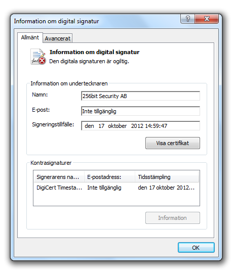 Kontrollera att den digitala signaturen är korrekt och ser ut som bilden till vänster.