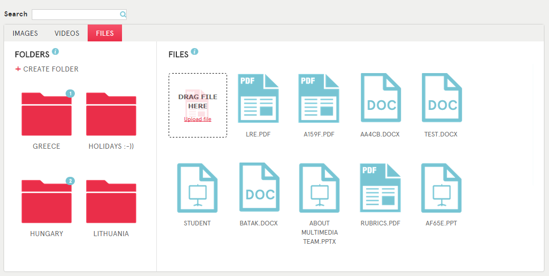 Material - Filer Söka efter bilder, videor eller filer Dra filen hit eller klicka på Ladda upp fil Skapa mappar för att organisera dina