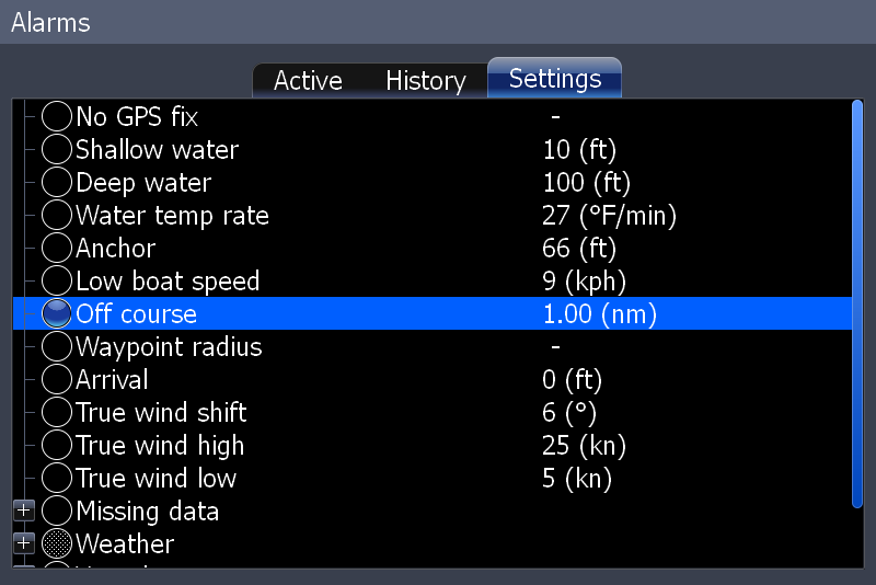 Inställningar Larm Det här instrumentet har larmfunktioner för allting från djup och vattentemperatur till bränslenivå och ankomst till waypoint.
