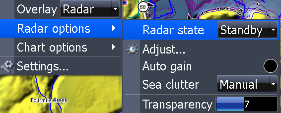 Radar Radaroverlay Denna funktion används för att lägga ut radarekona i ett eget lager på sjökortet.