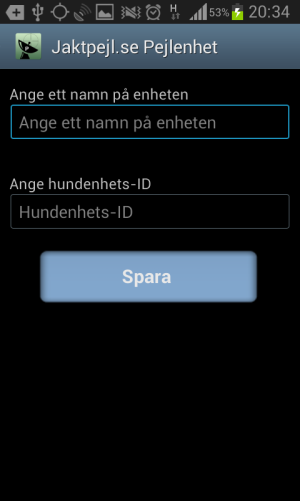 4. Pejlenhet: När du klickat på Registera hundenhet eller Lägg till hundenhet så möts du av två textfält den första är namnet på hundenheten du vill registrera, detta kan vara vilket namn som helst,