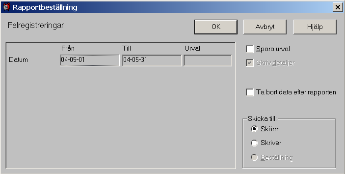 Rapportbeställning - Felstämplingar Rapportbeställningen består i att definiera vilka anställda man önskar med på rapporten. Från till datum för önskat datumintervall.