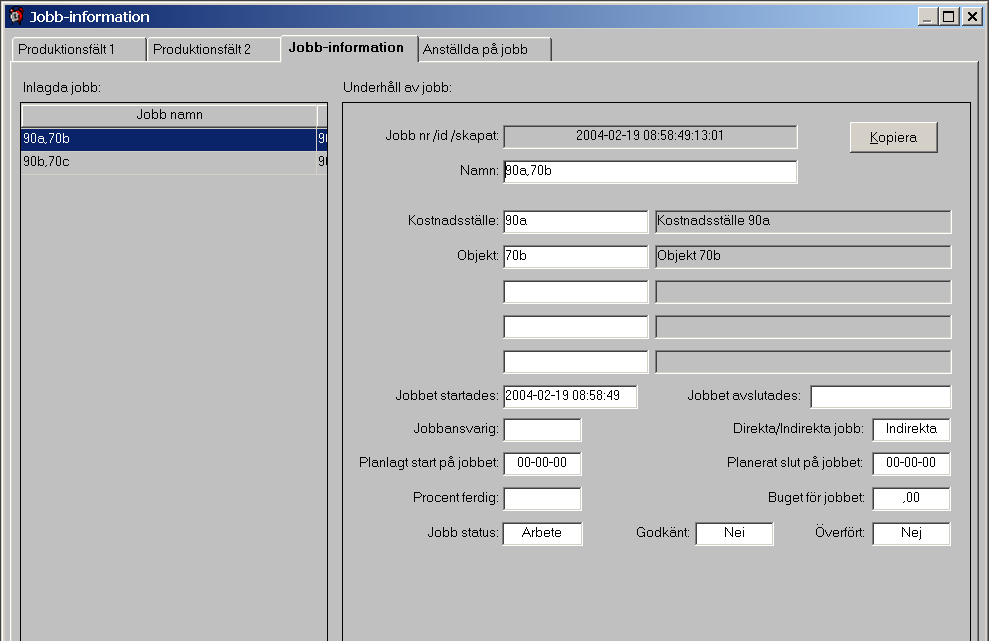 Jobb-information Jobb kan först upprättas när jobbstrukturen är definierad dvs. antal nivåer (pfält) är vald. Jobben kan upprättas på följande sätt: a. Läses in från externt system.
