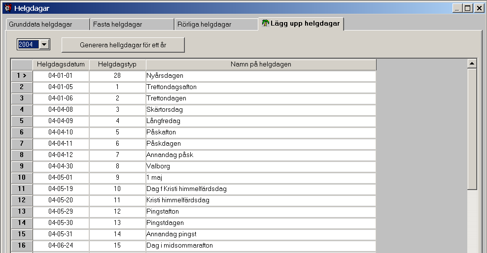 Årsfält Här kan man välja vilket årtal kalendern skall läggas upp efter. Generera helgdagar för ett år Funktionen generar helgdagar för ett år. Kolumnen visar helgdagens datum.