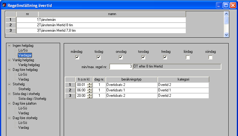 Regelinställning övertid Några anställda har olika typer av övertids ut från typ av dag.