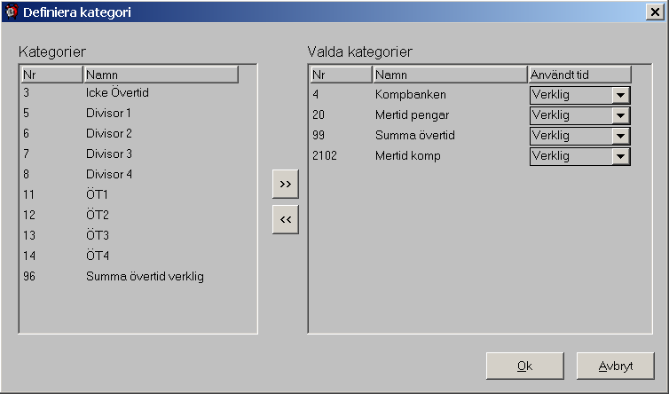 I denna bild hämtar du över de kategorierna som du önskar att Sum övertid verklig skall innehålla.