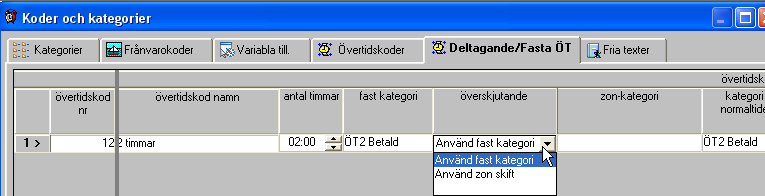 Övertid efter arbetstidens slut Kopplar övertidskoden till linjen "Övertid efter arbetstidens slut" som sätts i Beräkningsschema Tidszoner. Denna hör tillsammans med ÖT kod 9 Övertid efter kl 15:30.