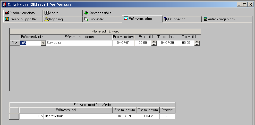 Fältbeskrivningar för skärmbilden Frånvaroplan Planlagd frånvaro Kod nr Frånvarokod nummer.