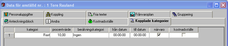 Kopplade kategorier Vilken avsikt/funktion har Kopplade kategorier Här kan man lägga in regel för beräkning av tillägg. Det läggs in procentvis beräkning av kategorier för en period.