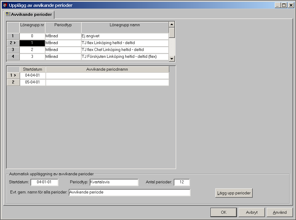 Fältbeskrivningar för skärmbilden underhåll av avvikande perioder Lönegrupp nr Här visas lista över de lönegruppsnr som är definierade under Fasta data Kopplingsdata Lönegrupp Period typ I