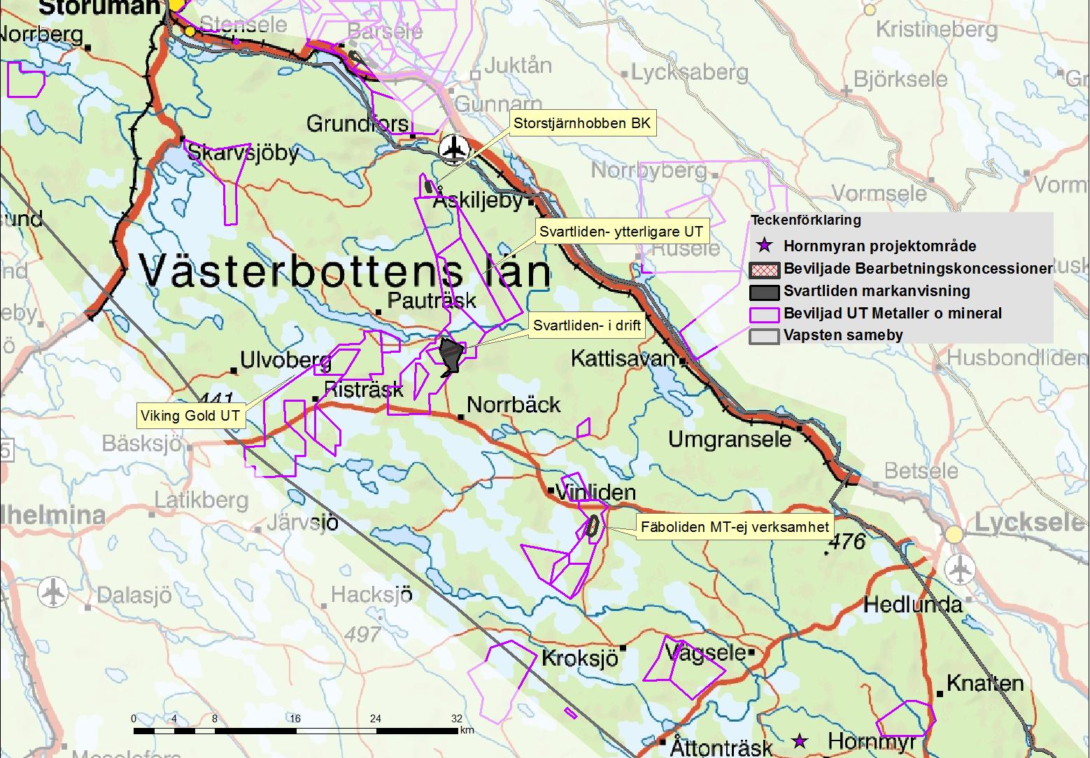 Figur 2. Utsnitt över Svartliden (i drift), beviljade bearbetningskoncessioner och några av de erhållna undersökningstillstånd som förekommer på Vapstens vinterbetesmarker. 4.3.