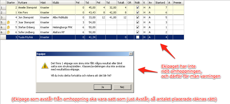 Resultat publiceras en sista gång efter premiefördelningen. Man blir tillfårgad om man önskar sätta en starttid för kommande klass.