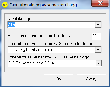 Fast utbetalning av semestertillägg Om företaget tillämpar fast utbetalning av semestertillägg till de anställda markerar du för alternativet Vi tillämpar fast utbetalning av semestertillägg och