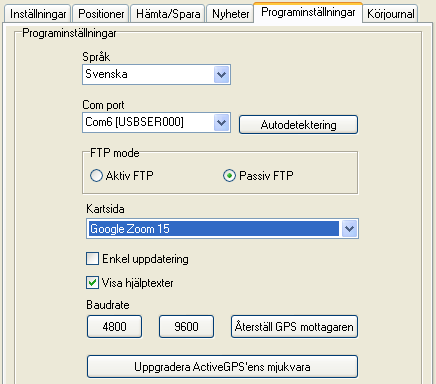 1.5 Programinställningar För att datorn skall kunna kommunicera med ActiveGPS behöver du ta reda på vilken com-port den har blivit installerad på, tryck på Autodetektering.