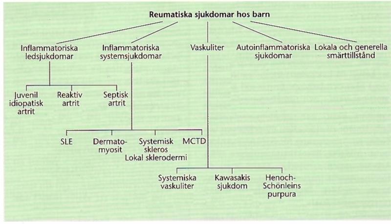 Reumatiska sjukdomar hos barn Inledning Reumatologiska sjukdomar hos barn kan grovt indelas i fem huvud grupper (se även figur 1) [1] : 1. Inflammatoriska ledsjukdomar 2.