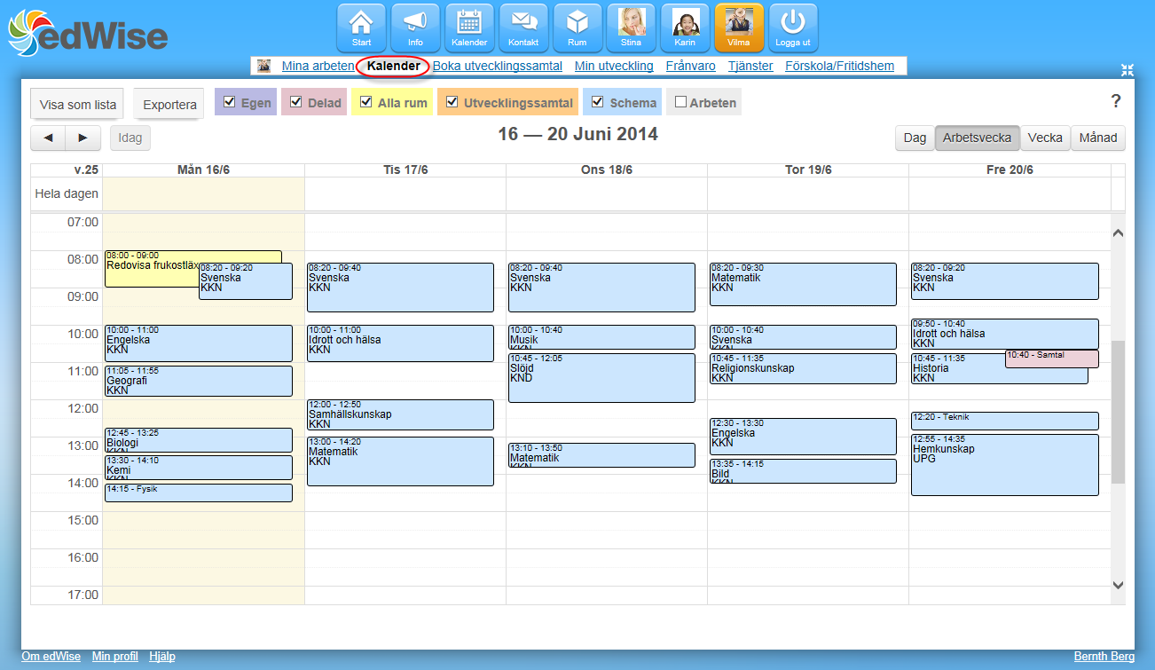 Vårdnadshavaren kan se sitt barns schema genom att klicka på barnet och Kalender.