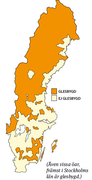 Figur 3. Karta som visar de områden som klassas som glesbygdsområden enligt jordförvärvslagen. De mörkare områdena är glesbygd. Illustrationen kommer från Jordbruksverket.