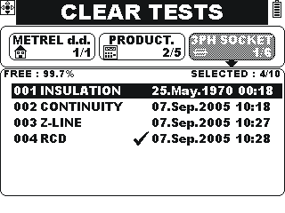 EurotestAT: Datahantering I -menyn -valet för att radera specifika resultat eller för att modifiera installationsdatastrukturer. Bild 6.12: Rensa test menyn Knappar: / Välj position.