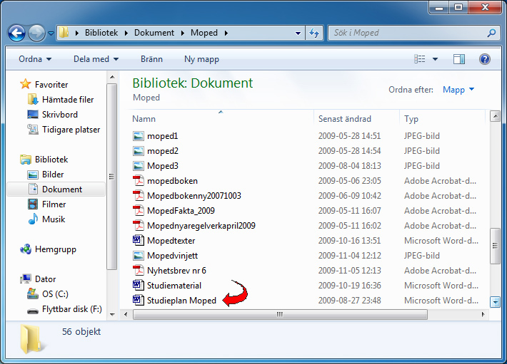 Nu ska du leta upp den mapp på hårddisken där du vill spara det här dokumentet. I det här exemplet utgår vi från att du ska spara dokumentet i en mapp som heter Moped.