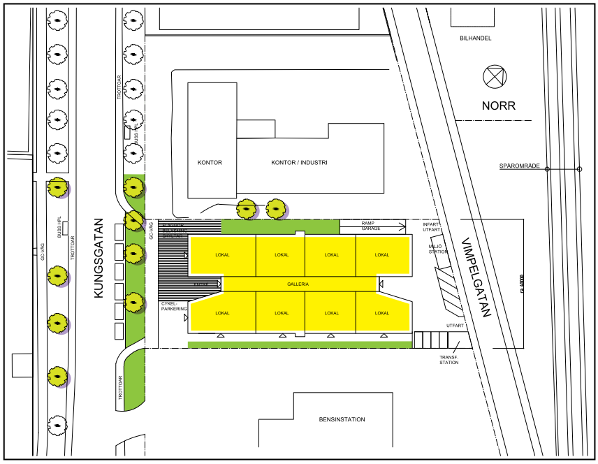 Figur 5. Situationsplan över den planerade byggnaden. 2.3 Infrastruktur Planområdet omges av Vimpelgatan och Kungsgatan.