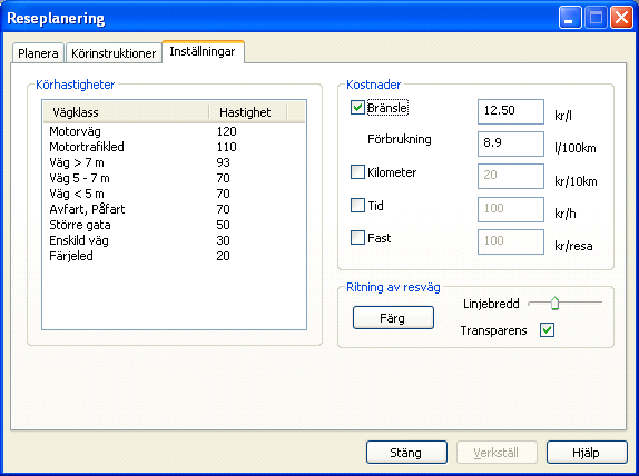 Här kan du göra ange olika värden för hastigheter och körekonomi. Här kan du också ändra tjocklek och färg på den linje som markerar resvägen.