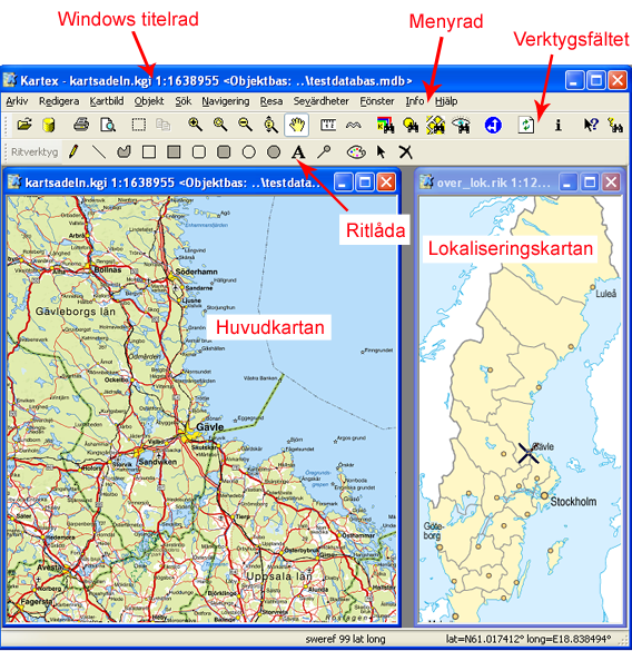 6 Användaryta 6.1 Beskrivning av Kartexfönstret Windows titelrad Anger vilket kartfönster som är aktivt.