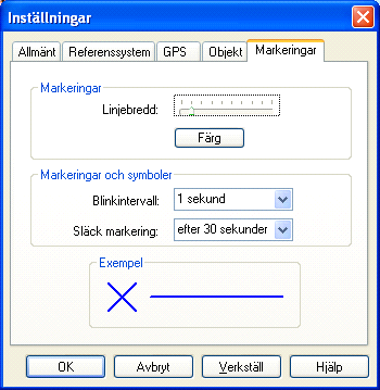 Du går tillväga på följande sätt 1. Gå till menyvalet Arkiv - Inställningar. Ett dialogfönster visas 2. Välj fliken Markeringar 3.