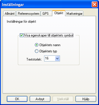 - Visa länkad information t.ex. bilder, dokument, Internetsidor - Redigera objektet - Ta bort objektet 9.5 Inställningar för objekt Här kan du ange om du vill visa egenskaper för ett objekts symbol.